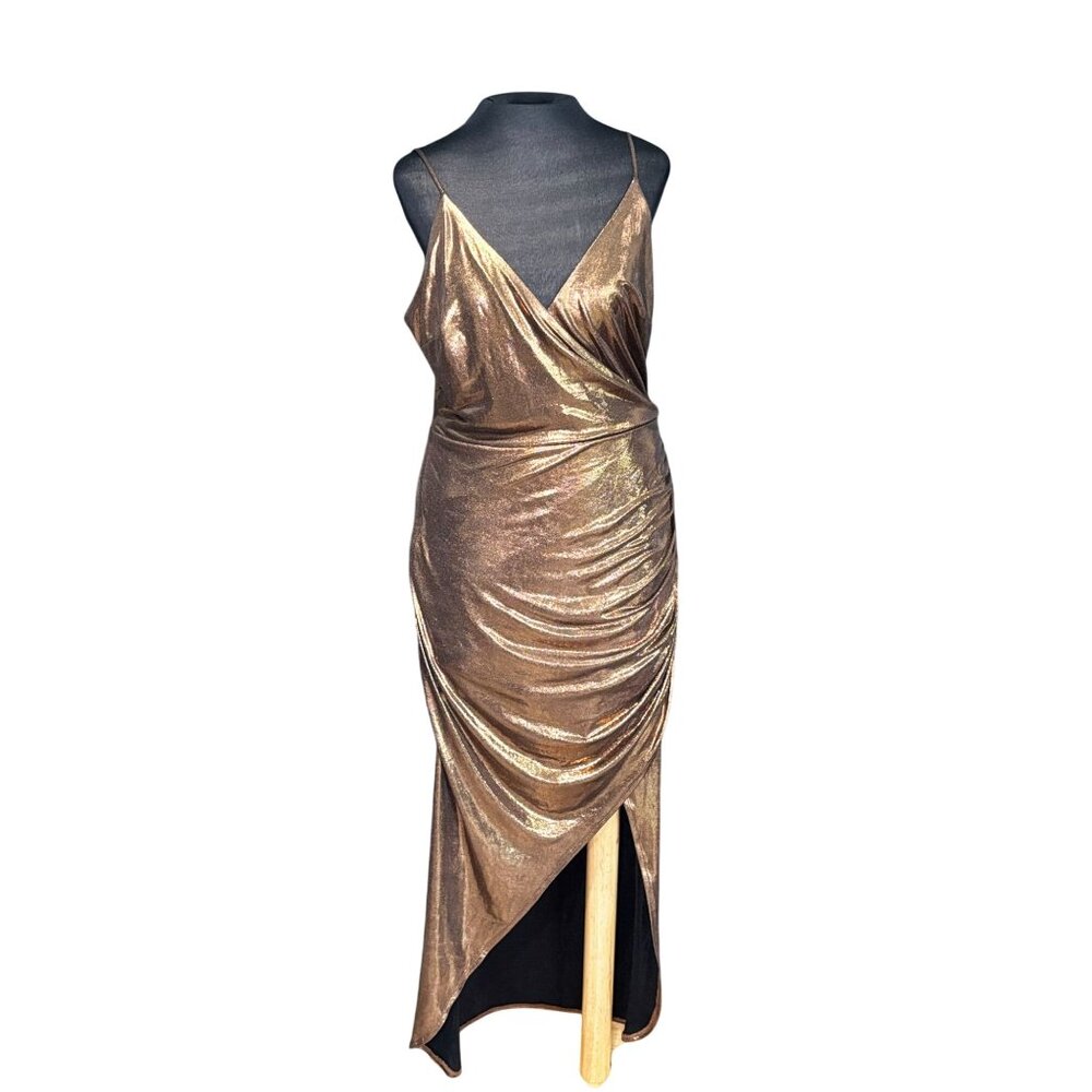 Metallic Bronze Draped Maxi Dress By WAYF With V-Neckline Spaghetti Straps